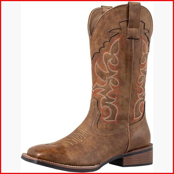 Women's Square Toe Cowboy Boots Mid Calf Wide Faux Leather Chunky Heel